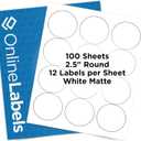 2.5" Round Labels - Permanent Adhesive, White Matte - Great for Candle and Jar Lids, Products, Favor Labels - Pack of 1,200 Circle Stickers, 100 Sheets - Inkjet/Laser Printers, OL350WX, OnlineLabels