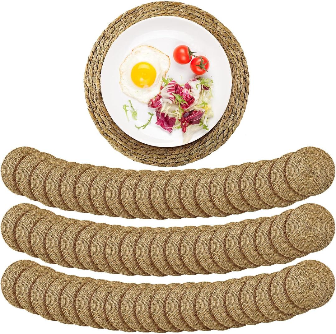 Colingmill 60 Pcs Round Rattan Placemats Bulk, 13 Inch Woven Placemats Natural Straw Hand Woven Farmhouse Boho Round Table Mats for Wedding Bridal Shower Home Dining Dinner Party Decoration