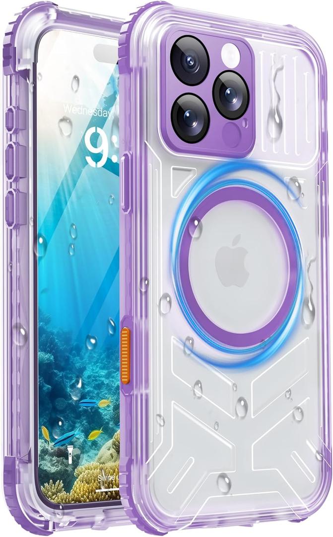 for iPhone 16 Pro Max Case Waterproof with Magsafe, Built in Camera Control [Screen Protector] [Lanyard], IP68 Military Full Body Shockproof, for Water Sports Outdoor Work, 6.9" Frosted Purple