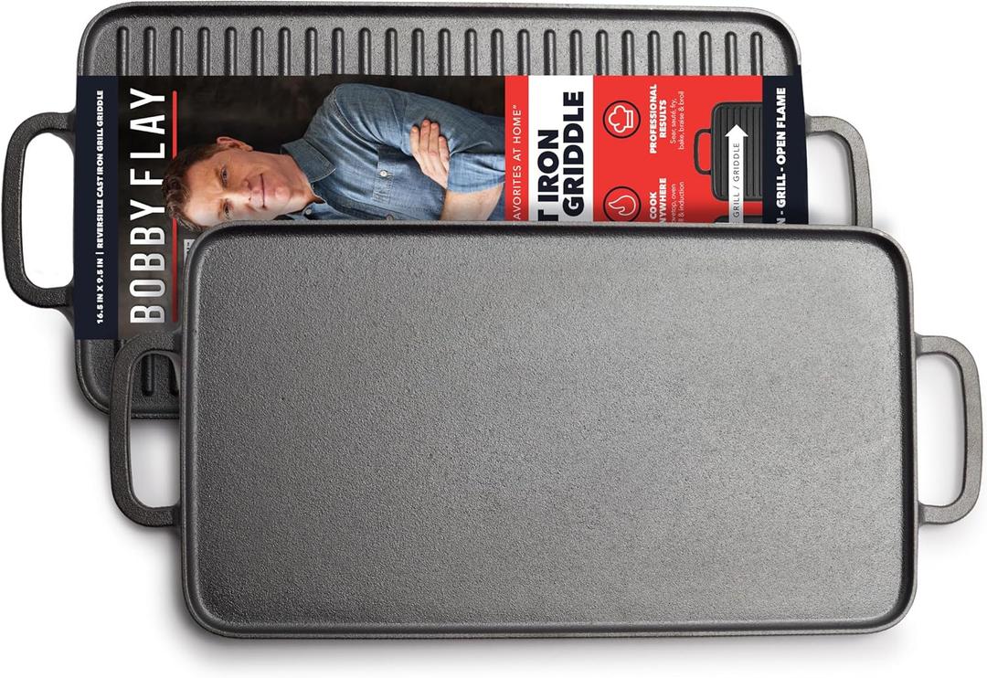 GreenPan x Bobby Flay Cast Iron Pre-Seasoned 16.5 x 9.5 Reversible Double Burner Griddle, Rectangular Grill, Helper Handles, Induction, Versatile Stovetop Oven BBQ & Fire, Indoor & Outdoor Use, Black