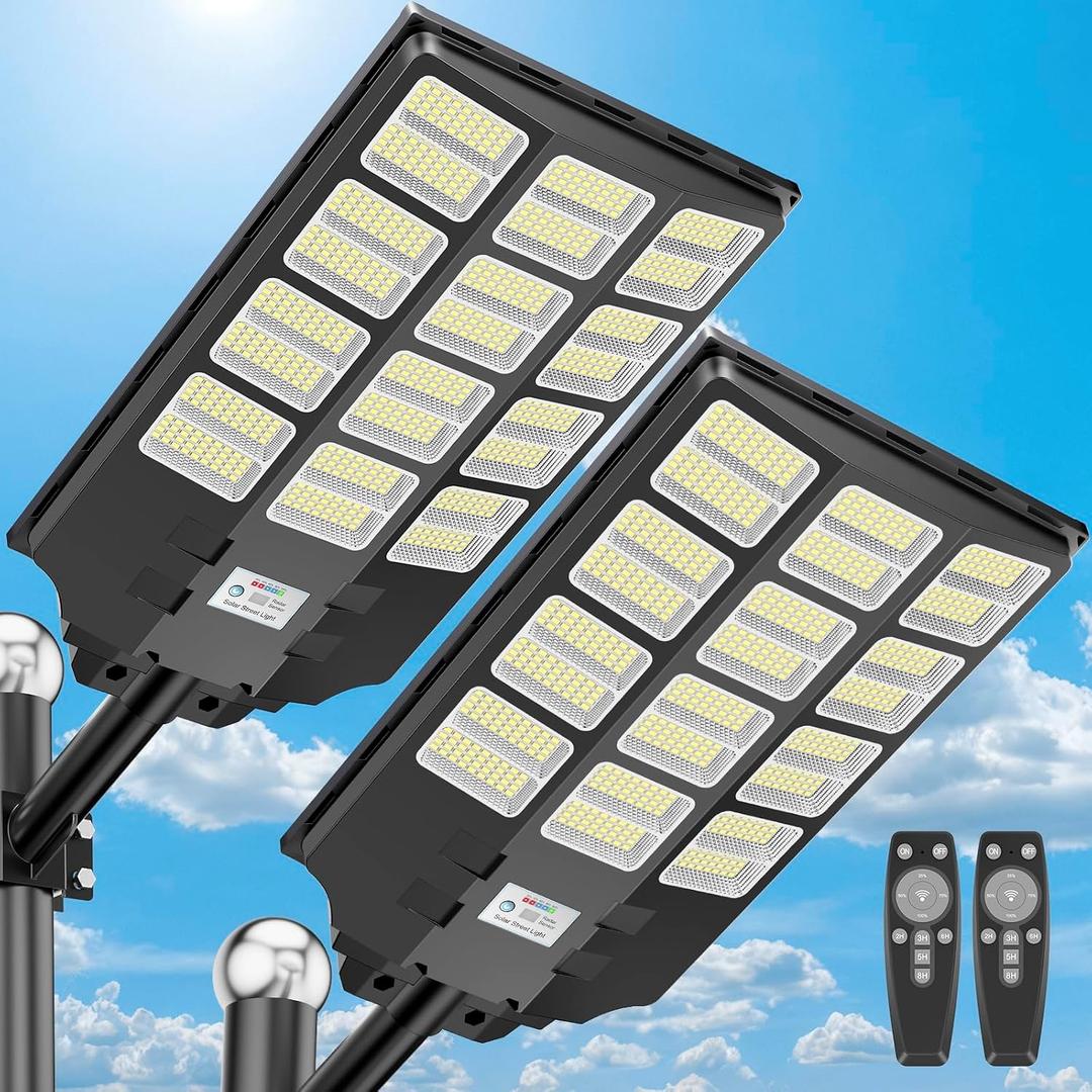 10000W Solar Street Lights, IP67 Waterproof Solar Lights Outdoor, 2 Pack | Super Bright Dusk to Dawn Commercial LED Flood Security Light with Motion Sensor & Remote for Parking Lot, Yard, Driveway