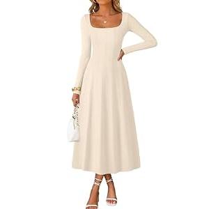 MEROKEETY Women's Fall Dresses 2025 Long Sleeve Square Neck Elegant Classy Winter Cocktail Wedding Guest Midi Dress, Apricot, Medium