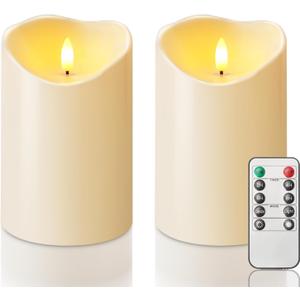 Homemory 4"x6" Outdoor Waterproof Flameless Candles with Timers and Remote Control, Battery Operated Candles, LED Plastic Candles, Dark Ivory, Set of 2