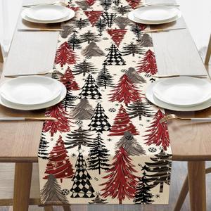 Christmas Tree Dining Table Runner, Xmas Red Black Pine Trees Snowflake Farmhouse Burlap Kitchen Decoration, Winter Holiday Indoor Outdoor Home Decor Party Supply 13 x 72 Inches