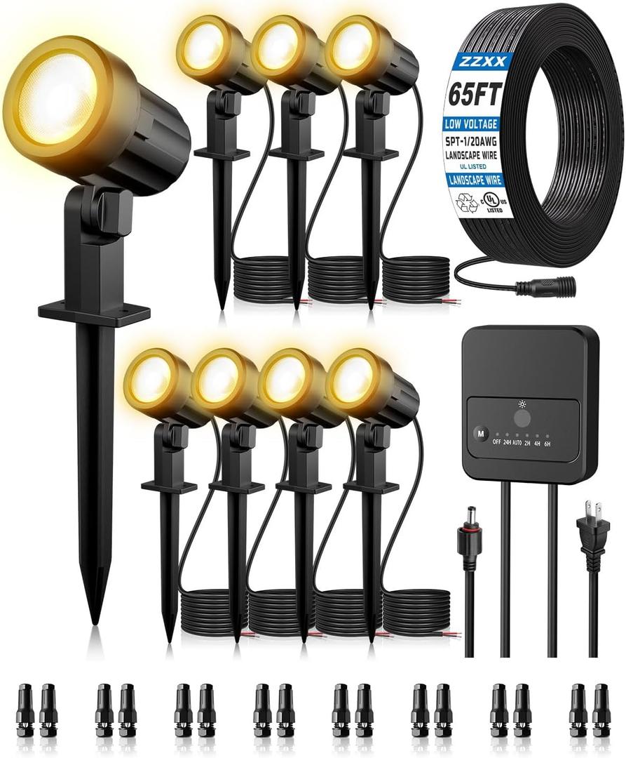 ZZXX 8 Pack Low Voltage Landscape Lights with Transformer and 65FT Wire 12-24V LED Landscape Lighting Kit 2700K Waterproof Landscape Spotlights with Connectors for House Yard Tree Garden