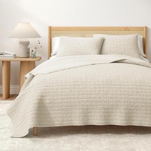 Great Bay Home Full/Queen Size Taupe 100% Cotton Honeycomb Waffle Quilt and Sham Set - Garment Washed, Waffle Weave Like Texture, Lightweight 3-Piece Bedding Set (Natural)
