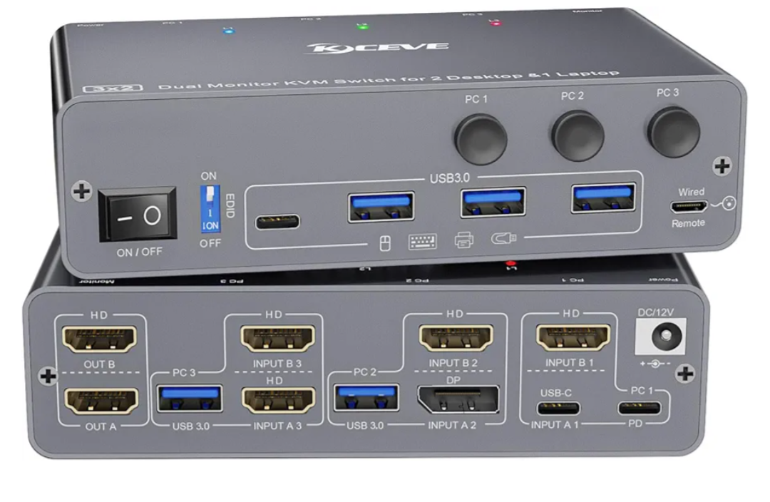 KCEVE KVM Switch 2 Monitors 3 Computers USB C HDMI DP, EDID, USB 3.0 KVM Switch Dual Monitor HDMI for 1 Laptops 2 Desktop Share 4 USB3.0 Device, 73W PD, 4K@60Hz, Aluminum, Power Adapter, Wired Remote