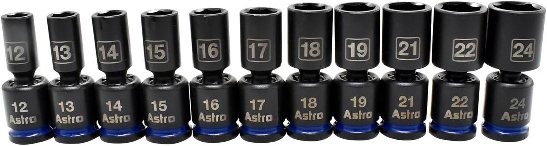 Astro Tools 78244M 11pc 1/2" Drive Mid-Length Pinless Universal Impact Sockets - Metric