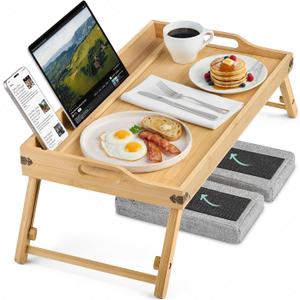 Breakfast in Bed Tray Lap Desk | Ergonomic Bamboo Bed Table Tray for Work, Rest | Comfortable Bed Desk w/Foldable Legs, Phone Holder, Cushions, Anti-Spill Edges | Adjustable Laptop Table/Lap Tray