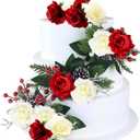 Gyufise 8Pcs Flower Cake Toppers Boho Cake Toppers Artificial Rose Cake Decorations for Women Birthday Baby Shower Wedding Valentine's Day Celebration Boho Party Supplies White Red