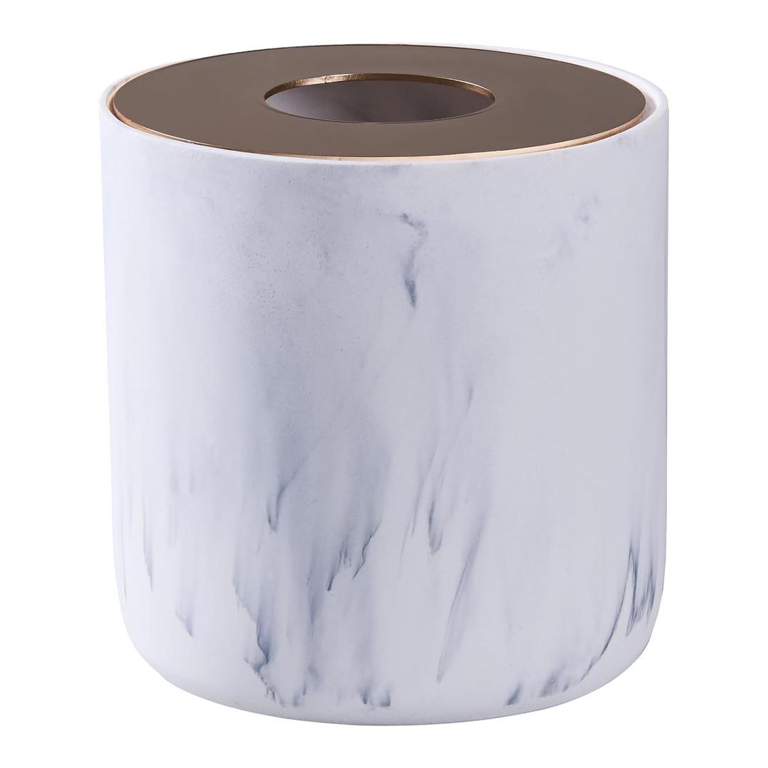 White Marble Textural Mini Trash Can with Rose Gold Stainless Steel Lid, Small Countertop Trash Can for Bathroom Kitchen,Desk Trash Can,Table top Mini Garbage Cans,Resin Tiny Waste Basket for Vanity