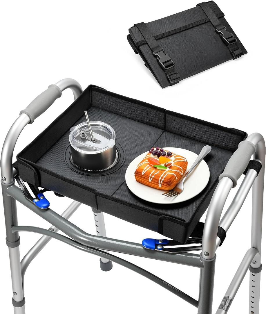 FANGSUN Walker Tray for Folding Walker 2.0 Upgraded Detachable Tray for Walkers with Extended Straps & Cup Holder, Fits Standard Folding Walkers with Side Bars, Mobility Accessory for Seniors