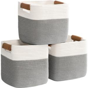 danpinera 3 Pack 11"x11" Woven Basket for Organizing, Square Storage Baskets for Pillows, Towels, Toy, Clothes, Magazines, Decorative Storage Cubes for Bedroom, Living Room, Classroom, Grey (White & Gray)