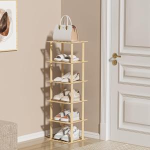 6-Tier Bamboo Shoe Rack - Vertical Shoe Rack for Small Spaces, Tall Narrow Shoe Rack Organizer for Closet Entryway Corner Garage and Bedroom,Free Stackable DIYPrimary Colours