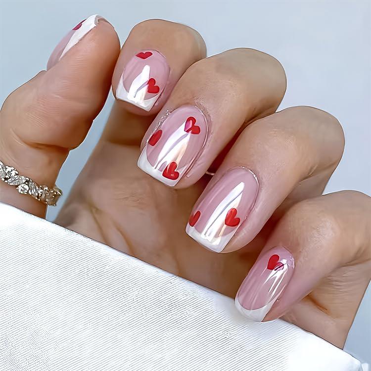 Valentine's Press on Nails Short Square Fake Nails with Red Heart Designs Nail Press ons White French Tip False Nails Glossy Full Cover Nude Glue on Nail Heart Acrylic Nails for Women