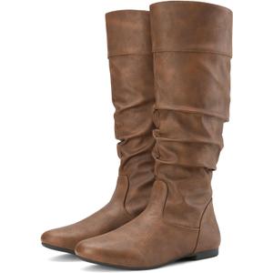 SUEDI Women's Slouchy Knee High Boots Pull On Flat Boots Side Zipper Fall Boots for Women