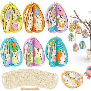 Novabright 24 Pcs DIY 3D Wooden Easter Eggs Ornaments Crafts Unfinished Slices for Painting Spring Easter Egg Cutouts Craft DIY Blank Decorations (Rabbit) Pack of 3
