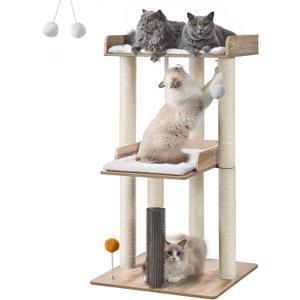 FourFurPets 43.7" Cat Tree, Modern Cat Tree Tower, Cat Tower for Indoor Cats Large Adult, Cat Condo with Scratching Post, Large Perch and Removable Pads, Greige