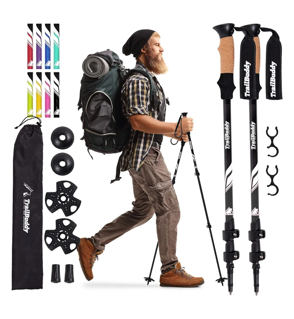 TrailBuddy Trekking Poles - Lightweight, Collapsible Hiking Poles for Snowshoe & Backpacking Gear - Pair of 2 Walking Sticks for Hiking, 7075 Aluminum with Cork Grip