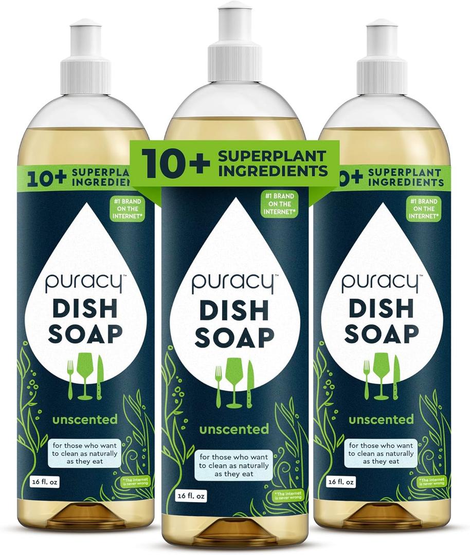 Puracy Natural Dish Soap Packs- Unscented Skin-Softening Plant-Based Dishwashing Soap, Non-Toxic Dish Soap, Fragance Free Organic Liquid Dishwashing Detergent Soap (Unscented, 16 fl oz, 3 Pack)
