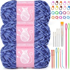 LUNARM Chenille Velvet Yarn for Crocheting Knitting, 3 Pack of 100g/3.5oz Velvet Yarn for Crocheting & Knitting, 486 Yard Soft Yarn for Making Creations & Crochet & More (Denim Blue)