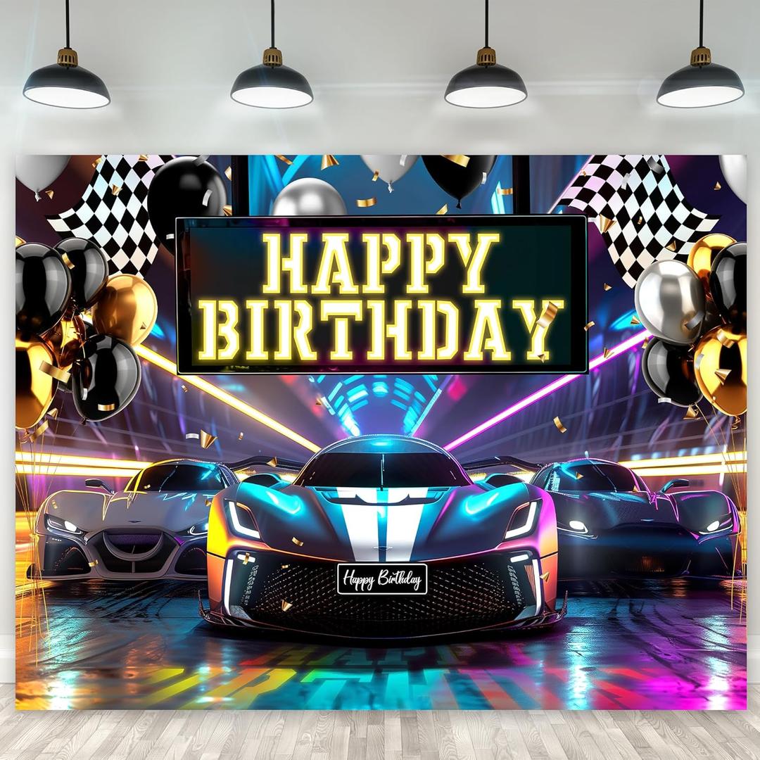 Riyidecor Racing Car Happy Birthday Backdrop Cartoon Black White Cool Plaid Flag Neon Bday 8Wx6H Feet Polyester Fabric for Men Boys Photography Background Bday Table Decor Banner Studio Photo Shoot