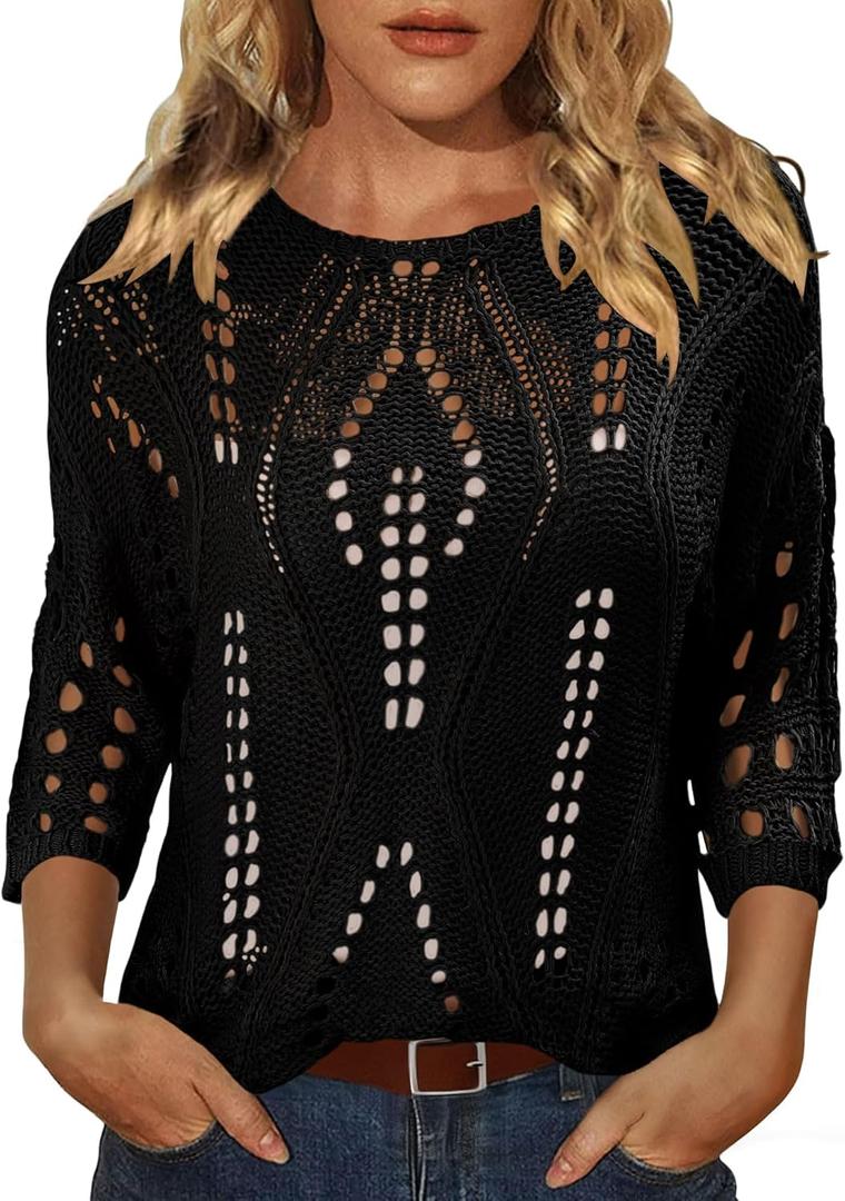 CRAZY GRID Women Casual Crochet Hollow Out Tops Spring Summer Half Sleeve Beach Swim Cover Ups Trendy Knit Outfits, 2XL