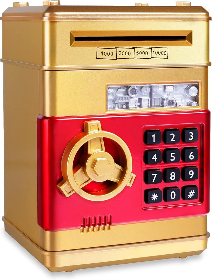 GuDoQi Piggy Bank for Boys Electronic Coin Money Bank Toy for 3 4 5 6 7 8 9 10 Year Old Children, Mini ATM Cash Coin Saving Box for Birthday Gifts Kids Age 3-10, Gold