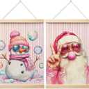 LZYRF Trendy Pink Christmas Santa Snowman Wall Art Poster Framed, Coquette Christmas Decor, Girly Pink Striped Winter Xmas Canvas Prints Wall Decor for Girls Room Dorm Apartment, 12x16 Inch Set of 2