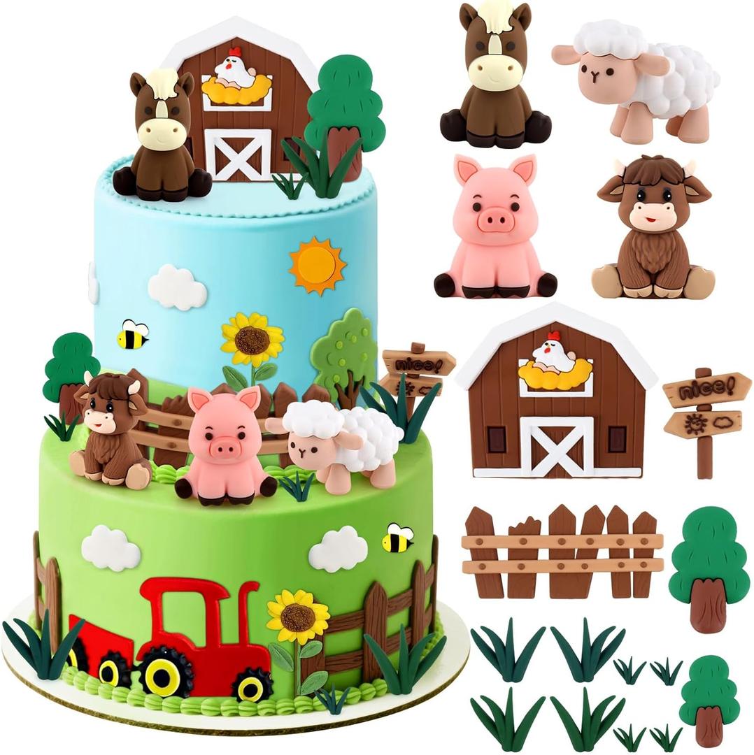 Hooqict 17Pcs Farm Cake Decorations Set with Mini Horse Cow Pig Sheep, Farm Animal Cake Toppers for Party Animal Birthday Cake Decorations Supplies Baby Showers