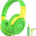 rockpapa Share 1 Kids Headphones Wired with Microphone & Share Port, 85dB/94dB Volume Limited, Cute Foldable Student Child Boys Girls Headphones for School/Classroom/Travel Green/Yellow