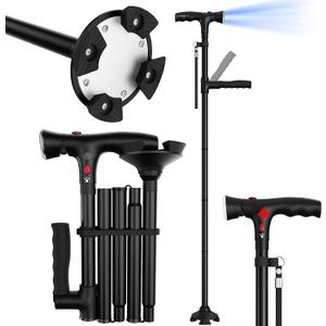 Folding Cane with Led Light, Adjustable Canes and Walking Sticks for Seniors, Walking Cane Stick for Adults, Seniors Cane with Cushioned T Handle and Swivel Four Pedestal