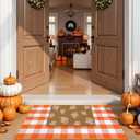 OJIA 2PCS Fall Door Mat Combo Set Halloween Doormat, 3'x5' Orange & White Buffalo Plaid Outdoor Rug and Polyester Welcome Mat Porch Decor Layered Doormat, Autumn Outdoor Door Mats Outside Entrance