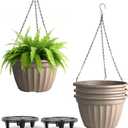 FGstyle Hanging Planters 10 Inch, 4 Pcs Self Watering Pots for Indoor Plants,Plastic Hanging Basket with Soil Elevator and 20" Chain for Home Garden Porch Balcony Patio Decor(Beige)