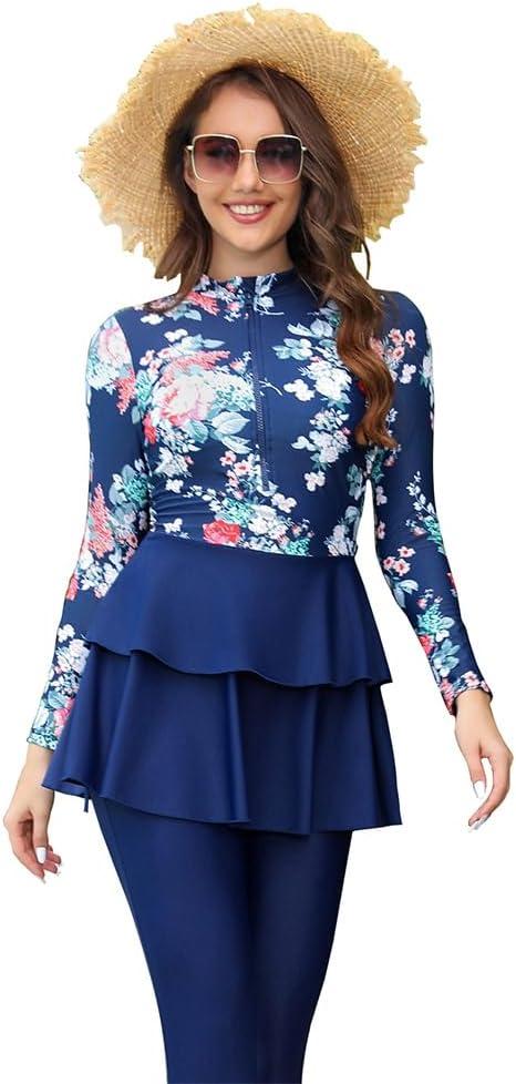 Muslim Swimsuits for Women Long Sleeve Built-in Bra Swimming Tops + Swimming Pants + Hijab Burkini Full Cover Swimwear, 2XL