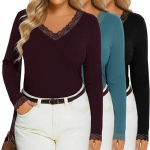 3 Pack Women's Plus Size Long Sleeve T-Shirts, Lace V Neck Loose Fit Tops Casual Fall Shirts Basic tee for Leggings (XXL)