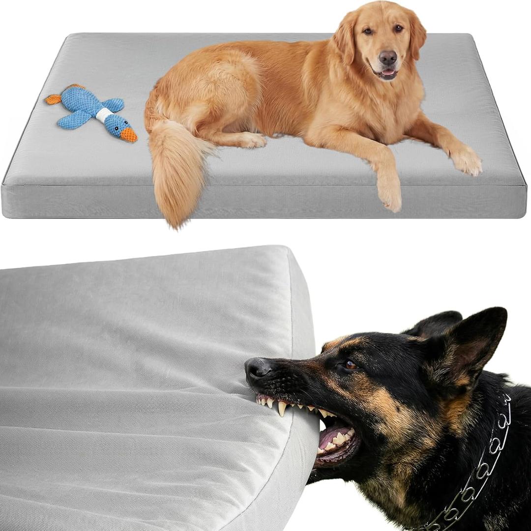 RRPETHOME 3" Chew Proof Indestructible Dog Bed for Large Aggressive Chewers,Durable Tough Fabir Chew Resistant Crate Dog beds for Large Dog & Puppy,Orthopedic Egg Foam Kennel Mat Pad Grey 42x30x4