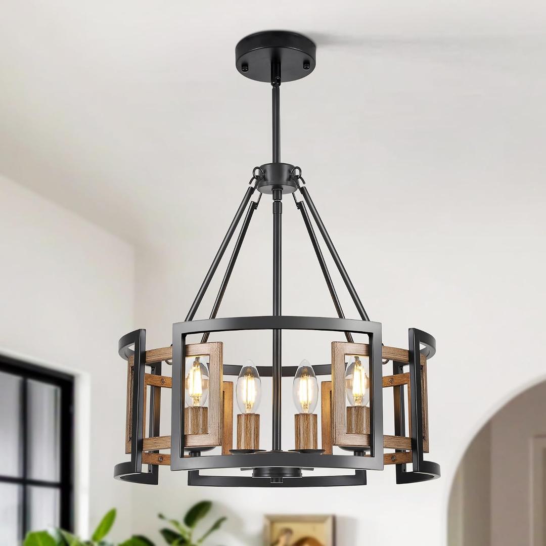 4-Light Drum Chandelier for Dining Room，15.7" Rustic Farmhouse Dining Room Light Fixture，Wood Grain and Vintage Black Metal Chandeliers for Kitchen Entryway Living Room