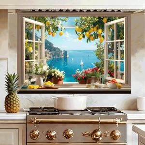 Mediterranean Kitchen Wall Decal, Lemon Window View Wall Sticker with Coastal Sea and Sailboat Scene, Faux Window Kitchen Wall Decor for Dining Room or Coffee Bar, 35.5 x 23.6 Inches (Blue/Yellow)