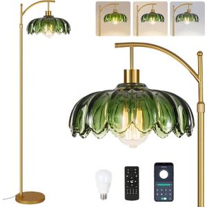 Gold Floor Lamp for Living Room,Bedroom,Mid Century Modern Standing Lamp with Remote,Dimmable Brass Tall Lamp Green Glass Lamp Vintage Retro Arc Floor Lamps Flower Floor Light Boho Bohemian