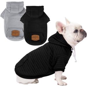 2 Pack Dog Hoodie Sweaters for Small Medium Dogs Warm Dog Clothes for Large Dogs Soft Waffle-Like Laminated Sweatshirt Bulldog (Black+Grey, L (Back: 19",Chest: 28", Neck: 17.5"))