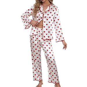 Womens Valentine's Day Pajama Set Heart Print Long Sleeve Stain Button Up Shirts+Pants 2 Piece Sleepwear (Medium)