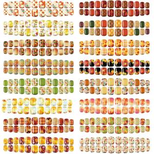 384 Pcs 16 Pack Fall Thanksgiving Press on Nails Autumn Short Fake Nails Square False Nails Artificial Nail Tips Full Cover Coffin with Maple Leaf Orange Floral Pattern for Women (Stylish Pattern)