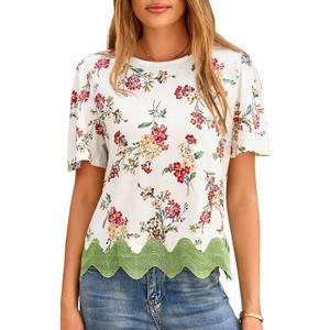LOLONG Womens Short Sleeve Printed Tops Summer 2026 Crew Neck Color Block Casual Blouses (L)