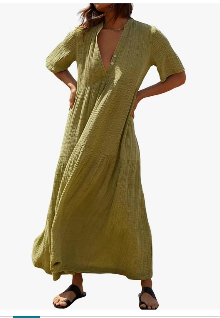 R.Vivimos Womens Summer Cotton Flowy Maxi Dress Short Sleeve V Neck Empire Waist Boho Tiered Ruffle Casual Loose Long Dresses, S, Army Green