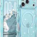 FABSPARK Case for iPhone 17 Pro Max,Compatible with MagSafe,Magnetic Clear Curly Wavy Frame Wave Case with Sparkly Bling Glitter,Transparent Acrylic Hard PC for iPhone 17 Pro Max,Glitter Clear Blue