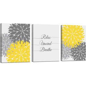 iHAPPYWALL 3 Pieces Bath Flowers Yellow and Grey Wall Art Relax Unwind Breathe Funny Bathroom Sign for Spa Yoga Bedroom Wall Decor Ready to Hang 12x16inchx3pcs