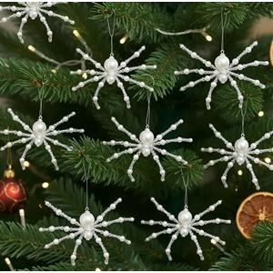 8 Pcs White Christmas Spider Ornament Glitter Beaded Spider Hanging Ornaments Decorations for Christmas Tree Holiday Decor Gift
