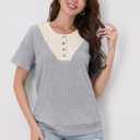 Womens Tops Summer Sweaters Short Sleeve Patchwork V Neck Henley Shirts 2026 Dressy Casual Business Tunic Blouses (Gray, S)