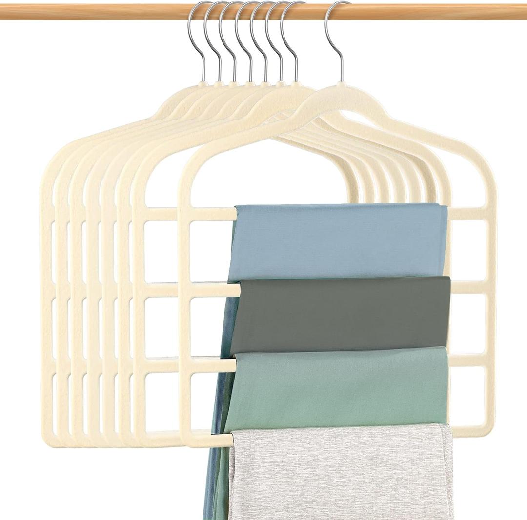 Velvet Hangers Space Saving Non Slip Pant Velvet Hangers, DUDUCOFU 8 Pack Beige Multi Layer Clothes Hangers Closet Organizer for Pants Trousers Scarf